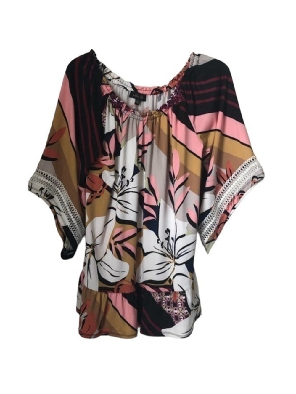 Melissa Paige Floral and Stripe Patterned Blouse with Lace Trim, Size Small